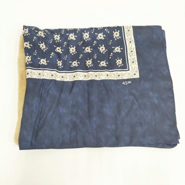 45R/45rpm シルクのブロックプリントストール ファー付き 大判 ストール ネイビー ベージュ レディース フォーティーファイブアールピーエム【中古】5-1006T◎