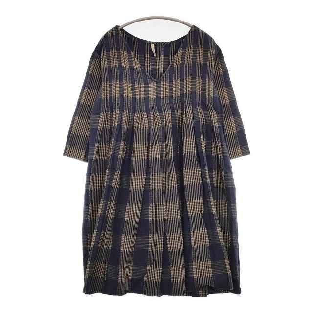 veritecoeur コットンリネンギャザーチェックチュニック 定価14300円 VC-1015 ワンピース ネイビー レディース ヴェリテクール【中古】5-1201M∞