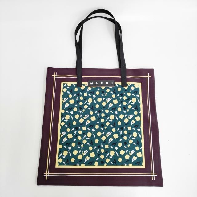 MARNI バンダナトート マルニフラワーカフェ BANDANA TOTE トートバッグ バーガンディ グリーン レディース マルニ【中古】6-0109G♪