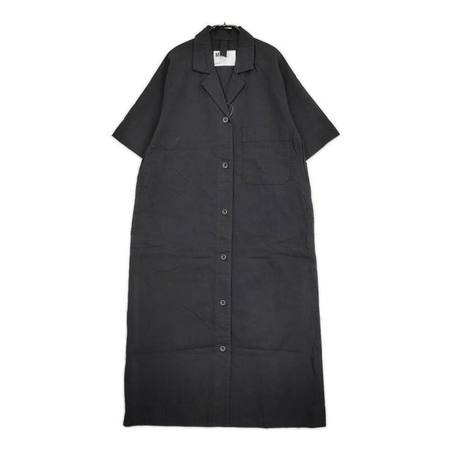 MHL. LINEN COTTON PLAINWEAVE 595-4157551 定価34100円 リネン オープンカラー ワンピース 24SS ブラック エムエイチエル【中古】5-0608S♪