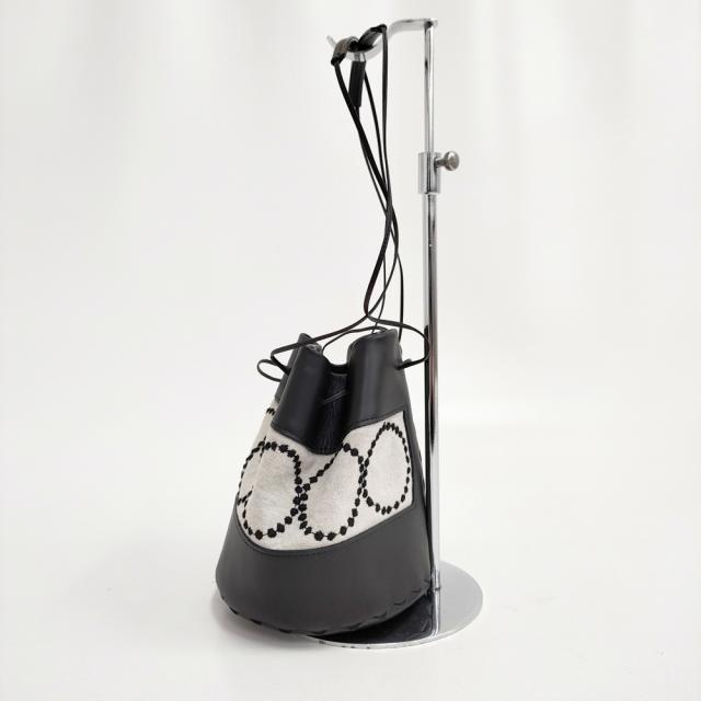mina perhonen tambourine benna ショルダーバッグ リネン レザー 巾着 巾着バッグ ブラック ベージュ レディース ミナペルホネン【中古】5-0210G◎_1