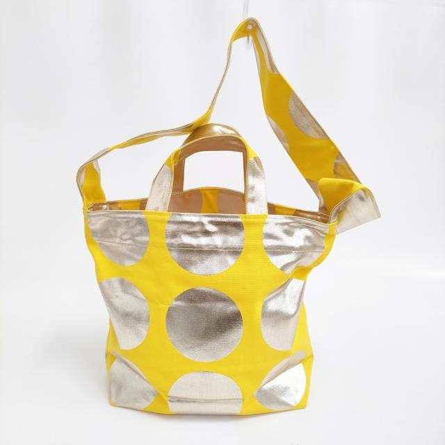 La+h 9号帆布ラージドットショルダー カタカナ別注 定価14300円 キャンバス ショルダーバッグ イエロー ゴールド レディース ラス【中古】5-0829G♪