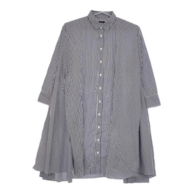 R&D.M.Co- コットンストライプ ドレープロングシャツ 長袖シャツ ネイビー ホワイト レディース オールドマンズテーラー【中古】5-0215M♪