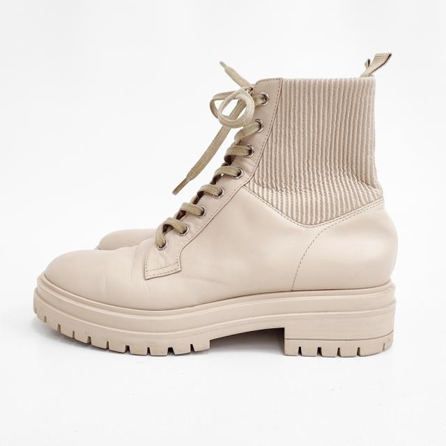 Gianvito Rossi シェル コンバットブーツ レザートリム レースアップブーツ サイドゴム サイズ39 ブーツ ベージュ レディース ジャンヴィトロッシ【中古】4-1219T◎_1