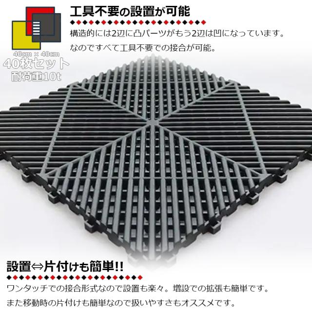 ガレージタイル ガレージマット 40枚セット 40cm×40cm×1.8cm はめ込み 置き敷き バイク 車 自転車 駐車場 屋外 屋内 ガーデニング メッシュ 通気性 軽量 ショールーム 倉庫 テラス イベント フロアタイル ジョイント フロアデッキ エクステリア NP-017 区分100S_4