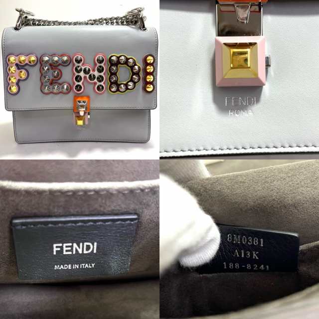 FENDI フェンディ ショルダーバッグ 肩掛け 斜め掛け ミニキャナイ ロゴ スタッズ チェーン 肩掛け 斜め掛け 鞄 かばん 8M0381 レザー    グレー マルチカラー シルバー金具 レディース 人気【品】