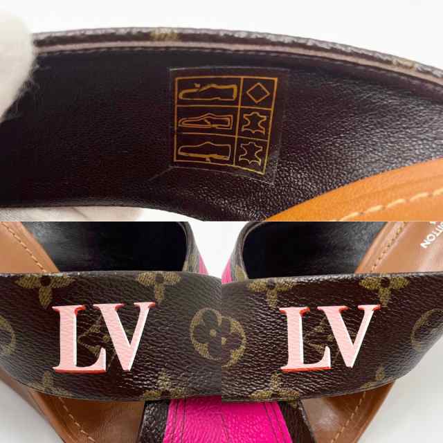 LOUIS VUITTON ルイヴィトン サンダル モノグラム パノラマライン クロスヒール 靴 37 1/2サイズ 春 夏 レザー ウッド ブラウン  茶 ピ