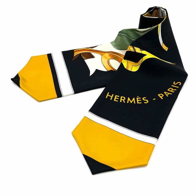 HERMES エルメス スカーフ アスコットタイ 馬 ホース マルチカラー ファッションアイテム シルク    ブラック 黒 イエロー レディース 人気 美品【品】VIBRATO新着アイテム