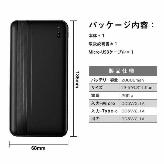 モバイルバッテリー 薄型 電熱ベスト専用 20000mAh大容量 モバイル