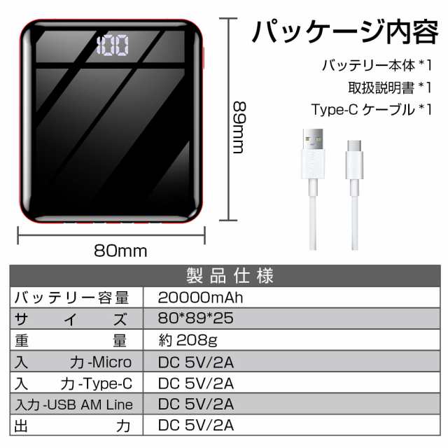 新登場 4ケーブル内蔵】 モバイルバッテリー 大容量 20000mAh 急速充電