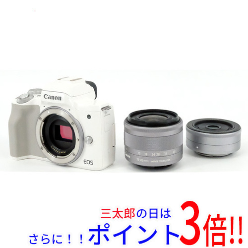 【中古即納】送料無料 Canon製 ミラーレス一眼カメラ EOS Kiss M2 ダブルレンズキット ホワイト 元箱ありの通販は 89,900円