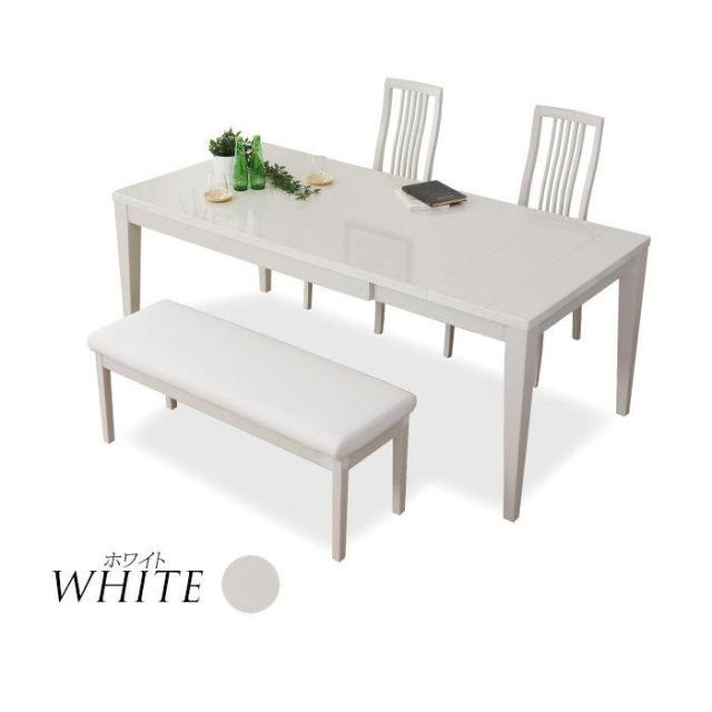 ウォーリア４点ダイニング　ベンチ　  24-4 テーブル 伸長式 ダイニングテーブル 伸長テーブル 幅130 幅180 ダイニングセット 木製 木目 鏡面 白 シンプル おしゃれ 高級 モダン ダイニング 食卓の通販は