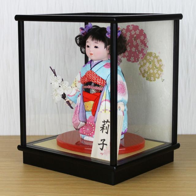 市松人形 木目込み 6号 ガラスケース入り 京染め市松人形(水色)FUKU-R4