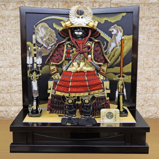 五月人形 (徳川家康公 着用鎧 黒檀調 龍虎 二曲屏風 高床飾り台セット)鎧飾り 着れる鎧 子供用