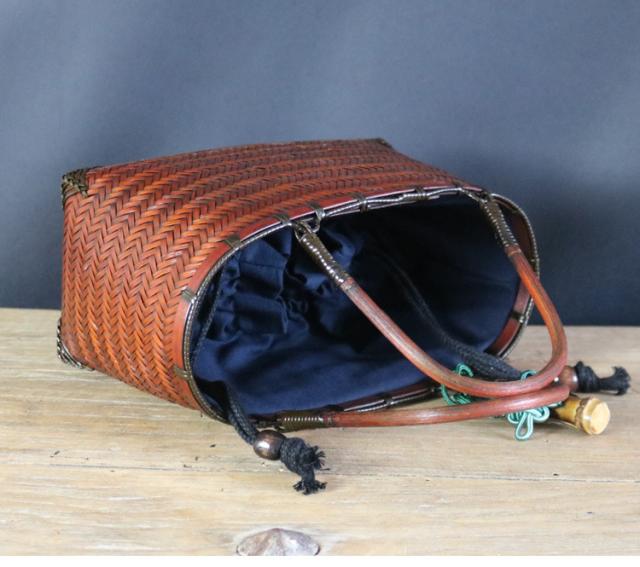 竹製手提げバッグ 手織りかごバッグ カゴバッグ アンティーク 竹