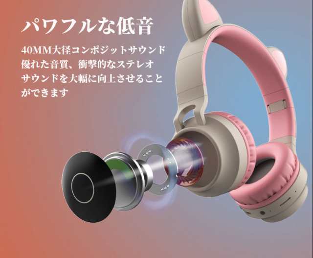 子供 ヘッドフォン マイク付き かわいい 猫耳 Bluetooth 5.0 LED 折りたたみ式 オンイヤー ステレオ ワイヤレスヘッドセット  スマートフ｜au PAY マーケット