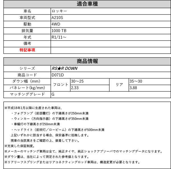 RS-R_RS☆R DOWN]A210S ロッキー_G(4WD_1000 TB_R1/11〜)用車検対応