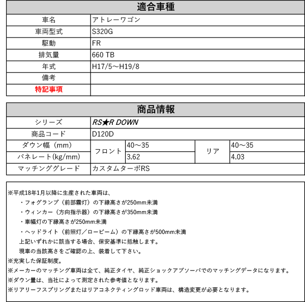 [RS-R_RS★R DOWN]S320G アトレーワゴン_カスタムターボRS(2WD_660  TB_H17/5〜H19/8)用車検対応ダウンサス[D120D]｜au PAY マーケット