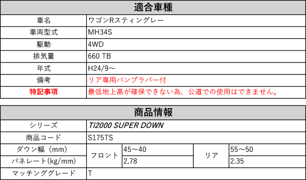 RS-R_Ti2000 SUPER DOWN]MH34S ワゴンRスティングレー_T(4WD_660 TB_H24/9〜)用競技専用ダウンサス[ S175TS]の通販はau PAY マーケット - ユニオンプロデュース | au PAY マーケット－通販サイト