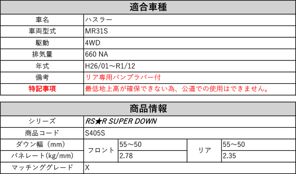 RS-R_RS☆R SUPER DOWN]MR31S ハスラー_X(4WD_660 NA_H26/01〜R1/12)用