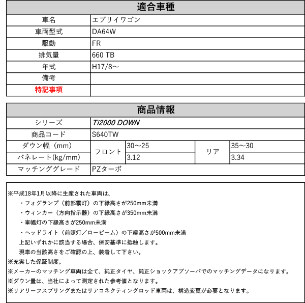 [RS-R_Ti2000 DOWN]DA64W エブリイワゴン_PZターボ(2WD_660  TB_H17/8〜)用車検対応ダウンサス[S640TW]｜au PAY マーケット