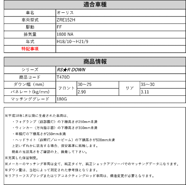[RS-R_RS★R DOWN]ZRE152H オーリス_180G(2WD_1800 NA_H18/10〜H21/9)用車検対応ダウンサス[T470D]の通販は