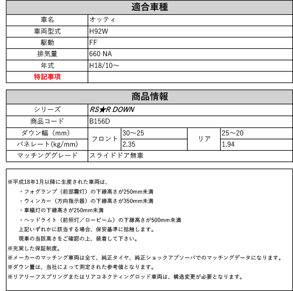 [RS-R_RS★R DOWN]H92W オッティ_スライドドア無車(2WD_660 NA_H18/10〜)用車検対応ダウンサス[B156D]｜au  PAY マーケット