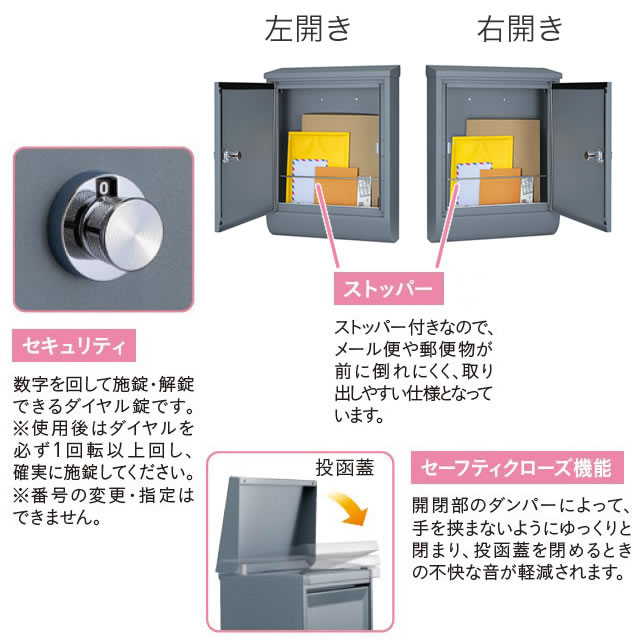 ユニソン 壁付けポスト Tela テラ II ダイヤル錠 右開きタイプ サテングレー_2