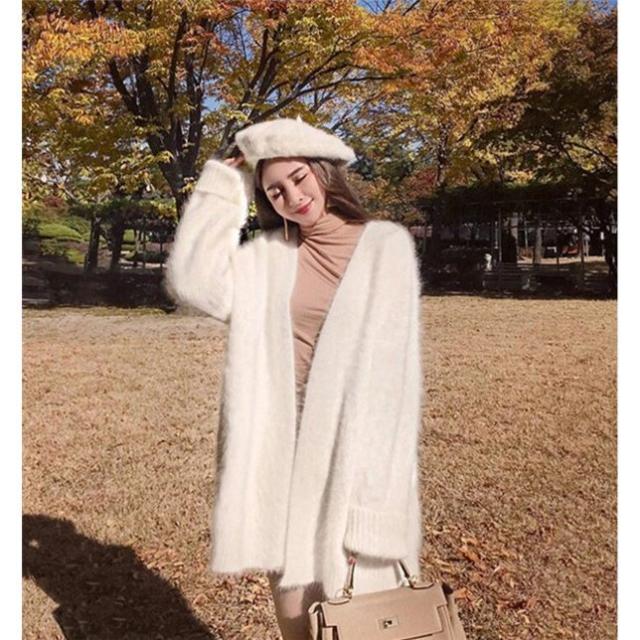 カーディガン ロング丈 レディース モヘア シャギーニット ふわふわ アウター 羽織り 長袖 厚手 ゆったり きれいめ 可愛い 無地 高級感 心地良い カーディガン ロング丈 レディース モヘア シャギーニット