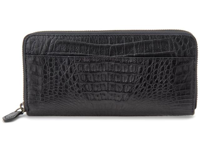 ワニ革 ラウンドファスナー長財布 カイマンワニ×牛革型押し ブラック マット 本革 CJN0927BK CJNMEN