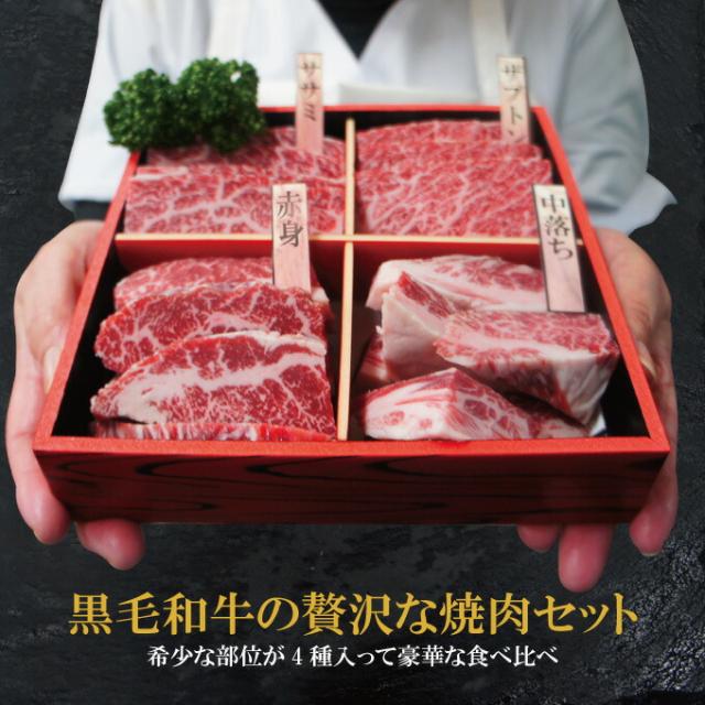 最高級黒毛和牛A5等級 送料無料 4点盛り焼肉セット400ｇ冷凍 2セット購入でお肉増量中 嬉しいギフト 贈答品 お中元 お歳暮 父の日 母の日 お取り寄せグルメ 霜降り 希少部位 サーロイン