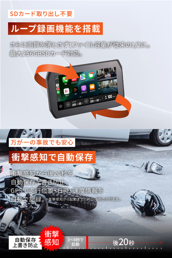 ★送料無料★デイトナ(Daytona) Mio(ミオ) バイク用 スマートモニター ドラレコ 前後カメラ ディスプレイ 5.5インチ SONY製STARVIS2搭載 CarPlay Android Auto対応 防水防塵 駐車監視機能付き MK50 61612　4909449658253_11