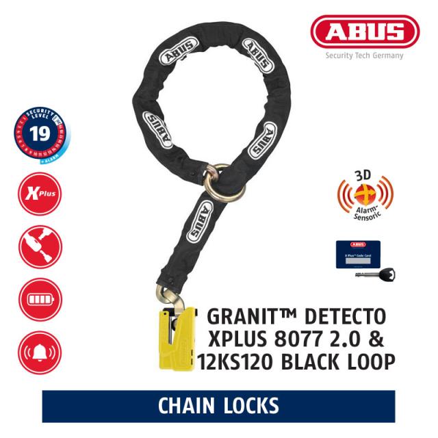 ★送料無料★ABUS(アブス) GRANIT DETECTO XPLUS 8077 2.0 &amp; 12KS120 BLACK LOOP 振動検知システムによるアラーム機能！ アラームディスクロックとループチェーンのコンビ
