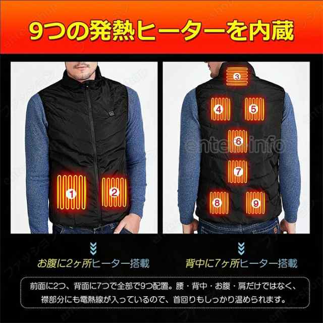 3XL 電熱ベスト 9エリア発熱 電熱 ベスト 9つヒーター 3段階調温