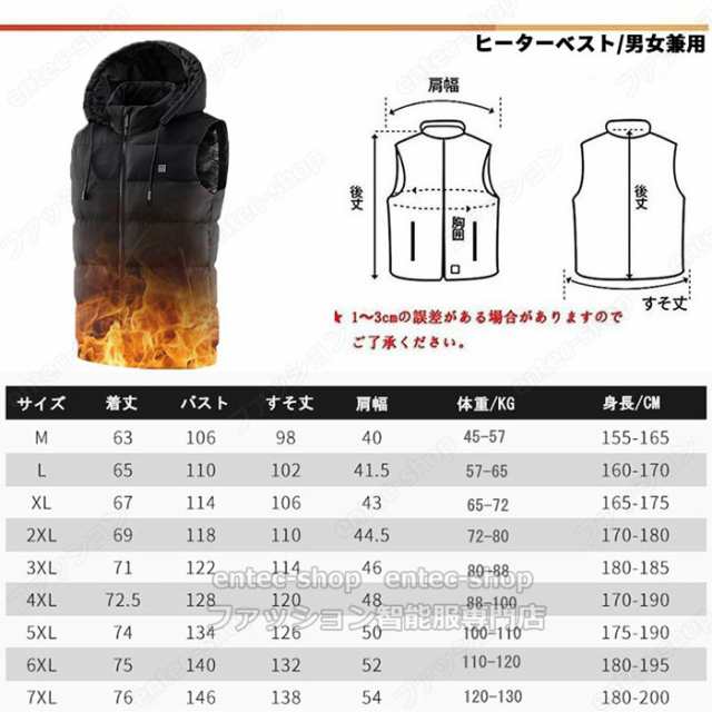 M.L.XL.2XL.3XLサイズ電熱ベスト日本製ヒーター採用 9箇所発熱洗える