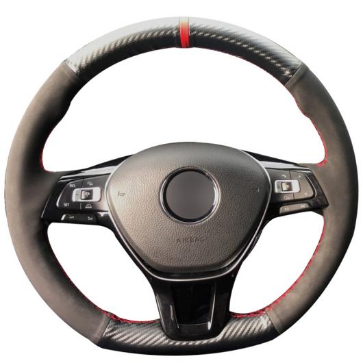 ステアリングホイールカバー 編み上げタイプ カーボンファイバー レザー ブラックスウェード レッドマーカー 適用: フォルクスワーゲン VW ゴルフ 7 MK7 ポロ ジェッタ パサート B8 ブラック AL-FF-0451 AL