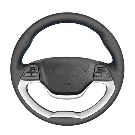 AL 手縫い ブラック PUレザー ステアリング ホイール カバー 適用: 起亜 モーニング 2011-2016 ピカント 2012-2015 ブラック糸〜ブルー糸 AL-EE-8546