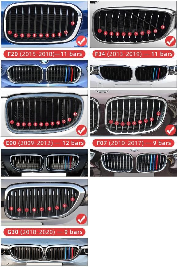 3ピース フロント グリル トリム ストリップ ステッカー 適用: BMW E90 E60 F10 F20 F30 F34 G30 X1 E84 F48 X3 F25 X5 F15 16 X6シリーズ 1 F20 15-18 11バー〜G30 18-20 9バー AL-LL-1311 AL