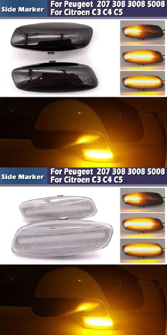 2ピース ダイナミック アンバー LED フロント サイドマーカー ライト 適用: プジョー/PEUGEOT 207 308 3008 5008 RCZ 2006-2015 スモーク・クリア AL-MM-5827 AL