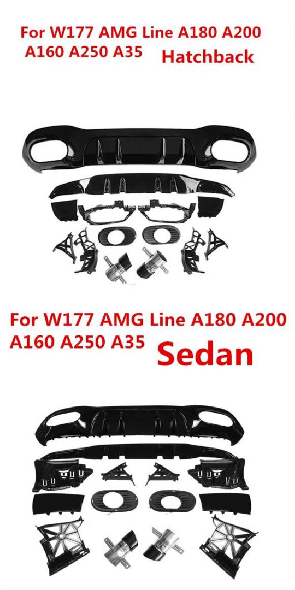 適用: メルセデス・ベンツ W177 A160-A250 A35 AMG ライン セダン 2019 2020 リア バンパー リップ ディフューザー マフラー ブラック ハッチバック・ブラック セダン AL-MM-8288 AL