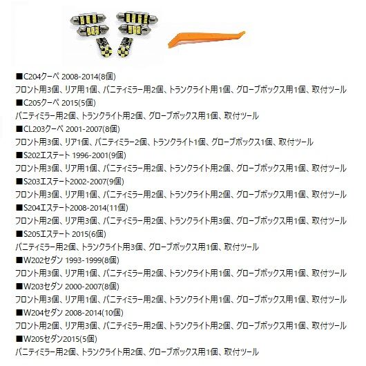 車内 ルームライト LED 適用: メルセデス・ベンツ C クラス W202 W203 W204 W205 S203 S204 C203 C204 CAN-BUS カー インテリア ドーム マップ ランプ ホワイト S202 エステート 9ピース AL-NN-8543 AL_2