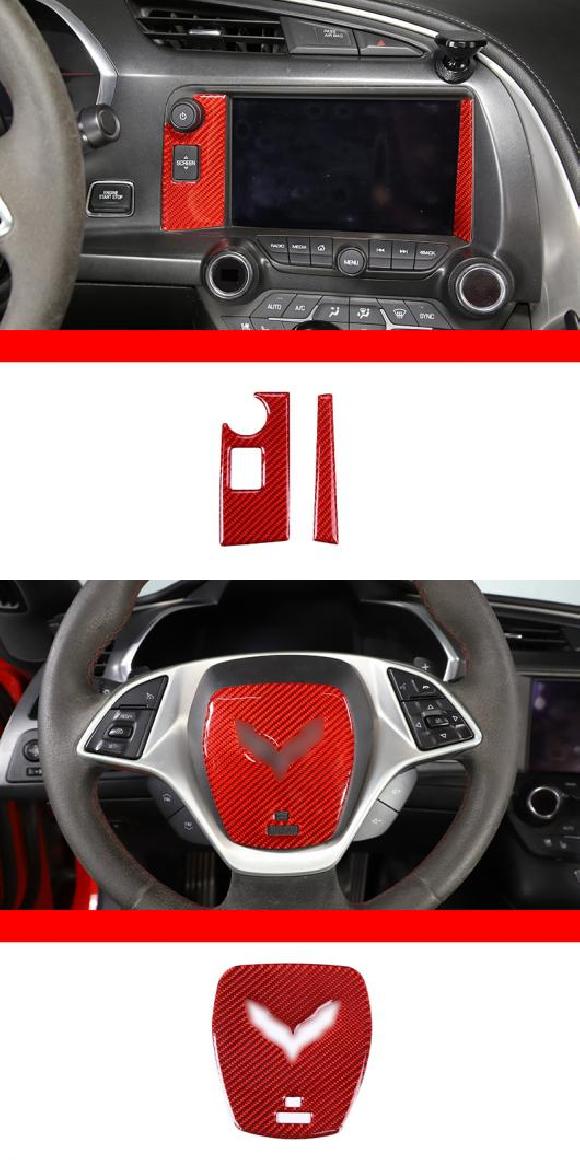 カーボンファイバー 適用: シボレー/CHEVROLET コルベット C7 2014-2019 レッド インテリア 装飾 ステッカー ギア ドア ハンドル ステアリング ホイール トリム タイプ8・タイプ10 AL-PP-3605 AL