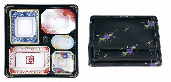 ワンウェイ 会席膳セット 蓋三彩 275×275×35mm 5仕切 入数：1セット(20セット入) T-204(XAZ4401)