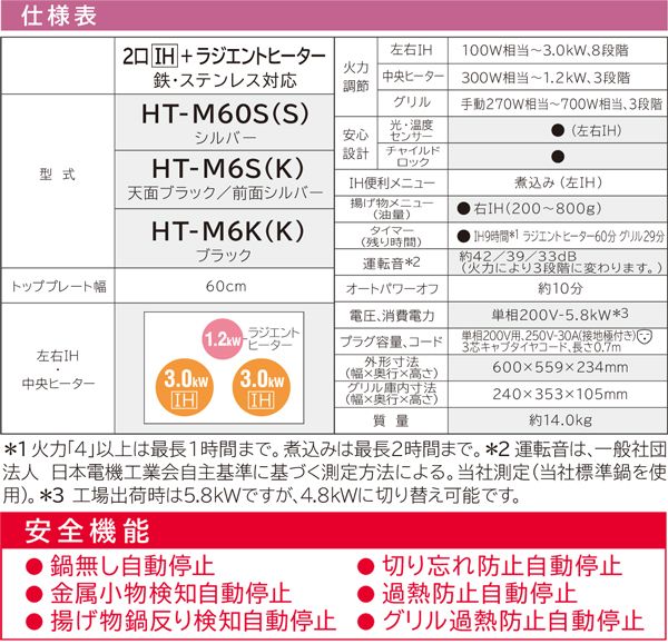 日立 IHクッキングヒーター 天面ブラック/前面シルバー 幅60cm 2口IH＋ラジエントヒーター 鉄・ステンレス対応 HT-M6S(K)_2