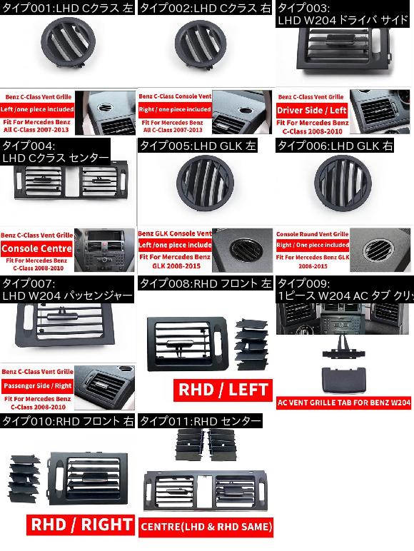 AL LHD RHD AC コンソール センター エア コンディション 吹き出し口 グリッド W204 パネル カバー 適用: メルセデス ベンツ Cクラス C180 C200 C220 C230 1ピース W204 AC タブ クリップ AL-EE-8827_1