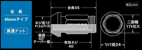 ZERO-1000/零1000 レーシングホイールナット 貫通ナット 全長：45mm 入数：1セット(20本) 707-B001