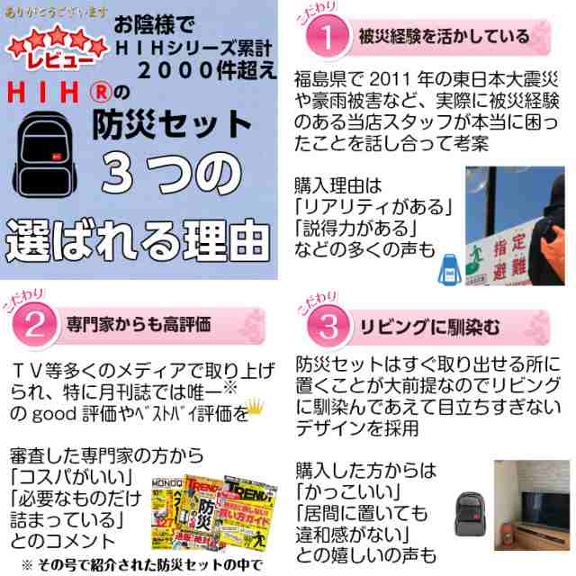 防災セット HIH ハザードリュック 福島県の被災者考案の「非常用持ち出し袋24点セット」 避難リュック/避難グッズ/避難セット/防災グッの通販はau  PAY マーケット - 【HIH】ヒカリネット