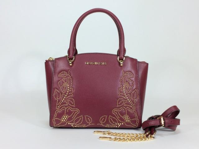 マイケルコース ハンドバッグ 2way ショルダーバッグ レザー フラワー スタッズ ボルドー 【極美品 使用わずか】 返品保証の通販は 15,323円