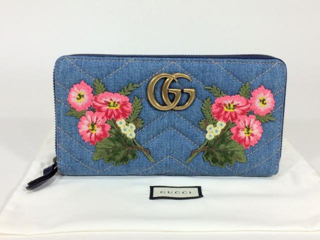 グッチ 長財布 GG マーモント ジッピーウォレット デニム×花柄 グッチ 長財布 GG マーモント ジッピーウォレット デニム×花柄