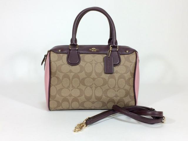 コーチ ハンドバッグ 2way ショルダーバッグ シグネチャー レザー ブラウン×ピンク  【新品同様 使用わずか】 返品保証の通販は